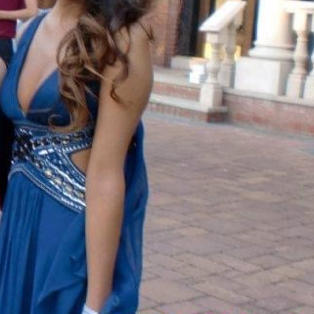 Navy blue jeweled back tie gown